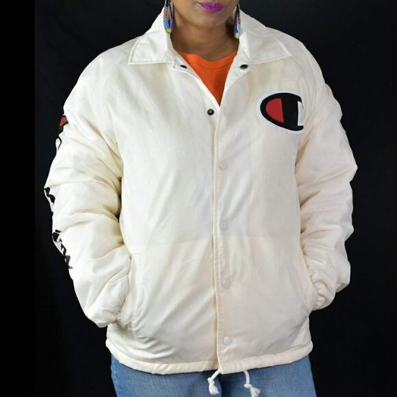 Champion Coaches Jacket White Winter Sherpa Lined Windbreaker Satin Size Small - Picture 1 of 14